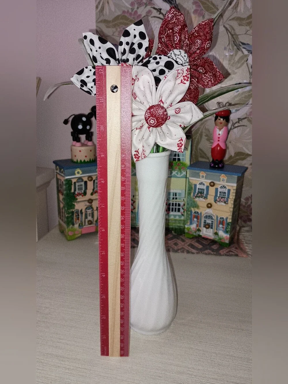 2/$20 Handcrafted Red, White & Black Fabric Flower Bouquet In White Vase